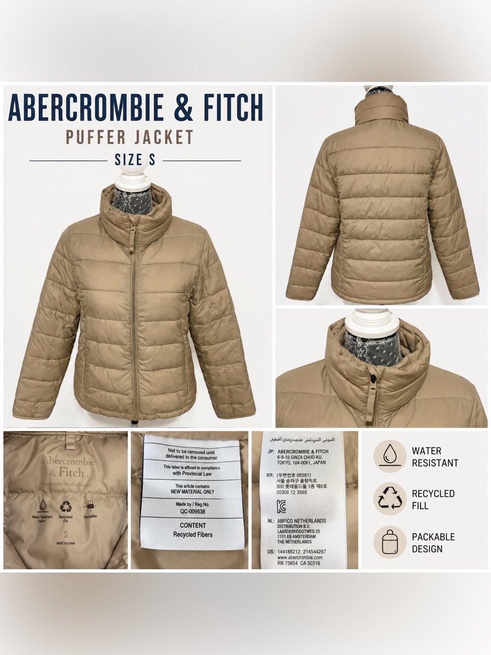 Abercrombie & Fitch Beige Puffer Jacket Women’s Small Water Resistant Packable
